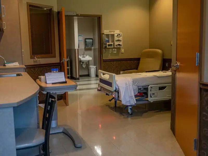 Inpatient room and nurse workstation at Girard Medical Center